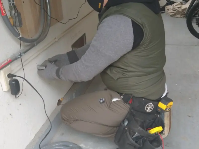 Electrician performing outlet wiring in a Lower Allen garage